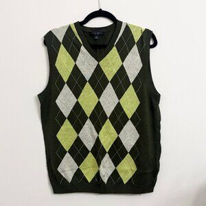 EUC Banana Republic Silk & Linen Blend Green Argyle V Neck Sweater Vest - Small